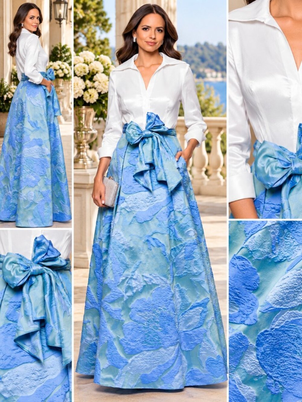 Betsy & Adam Shirt Gown Dress 16 White Blue Floral Jacquard Maxi Formal NWT